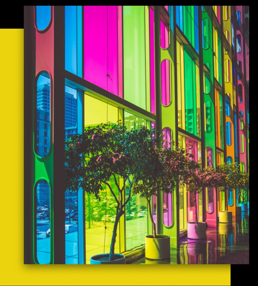 Cửa sổ đầy màu sắc với cây trong nhà